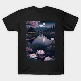 Serene Mount Fuji Sunset - Peaceful River Scenery - Lotus Flowers T-Shirt